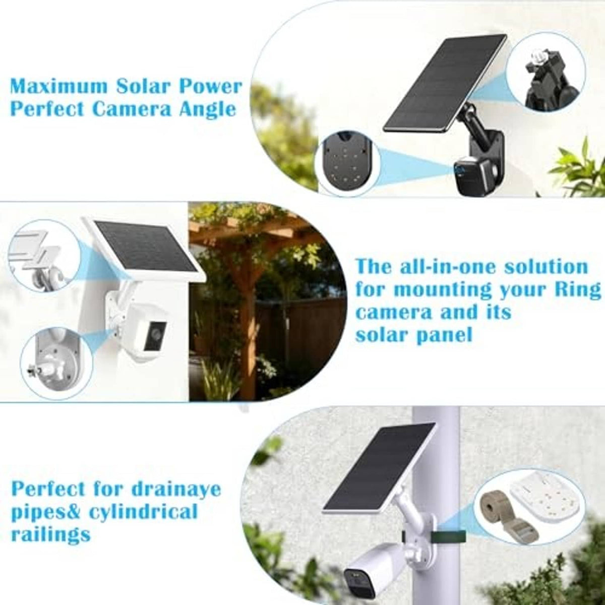 All-in-one wall camera mount with solar panel, mounting base, and bracket parts