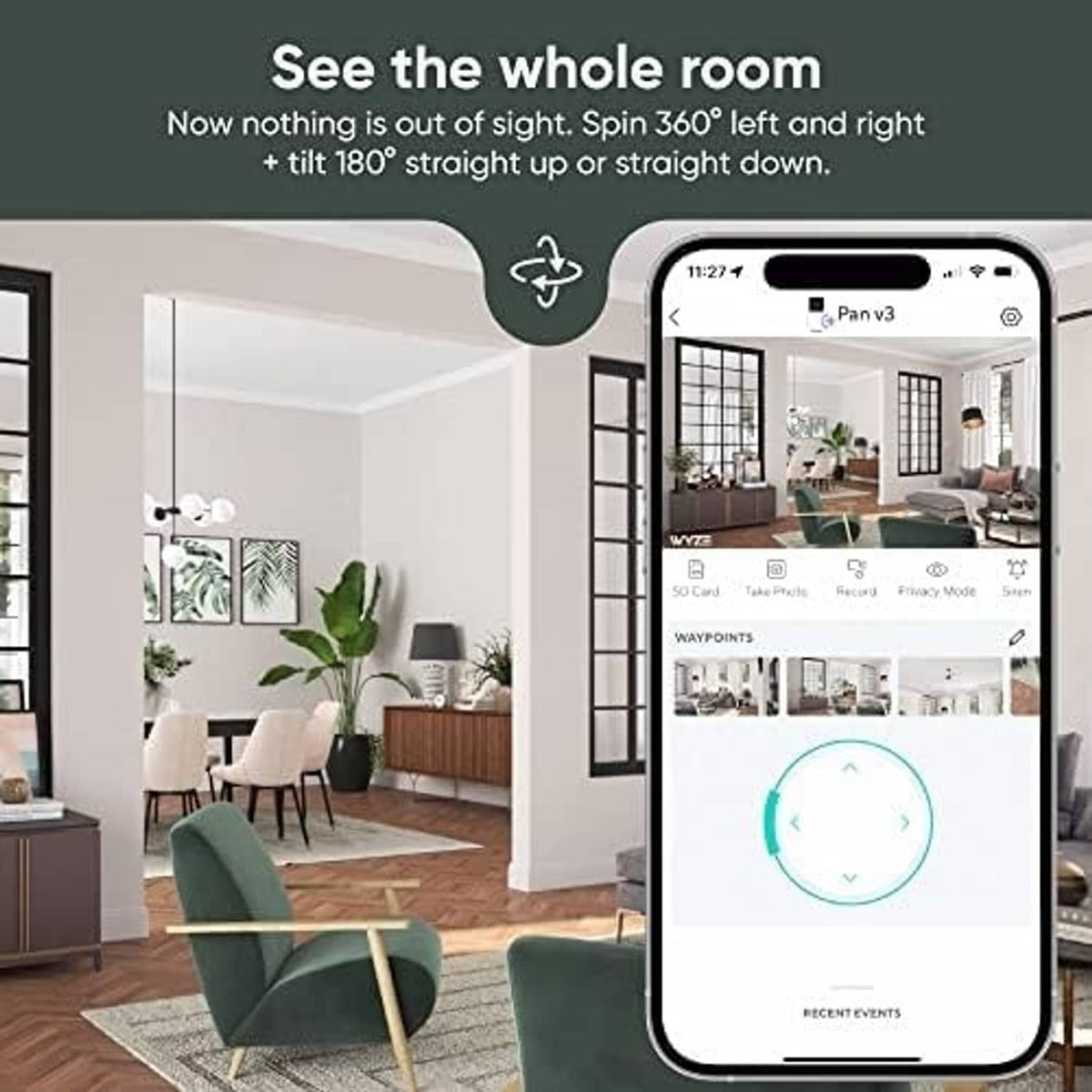 Wyze Cam Pan V3 white security camera shown with a smartphone app interface