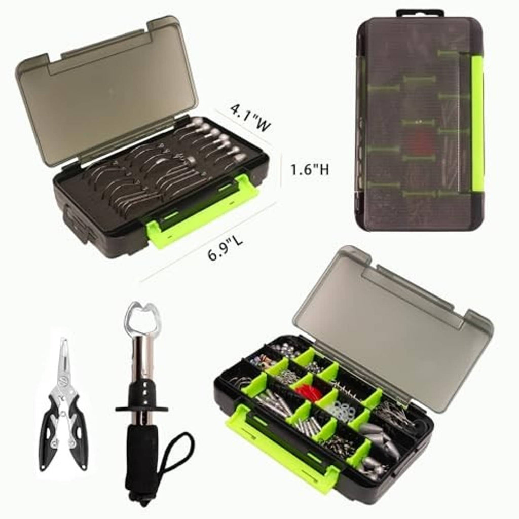 Hard tackle box open with compartments plus pliers and assorted fishing accessories