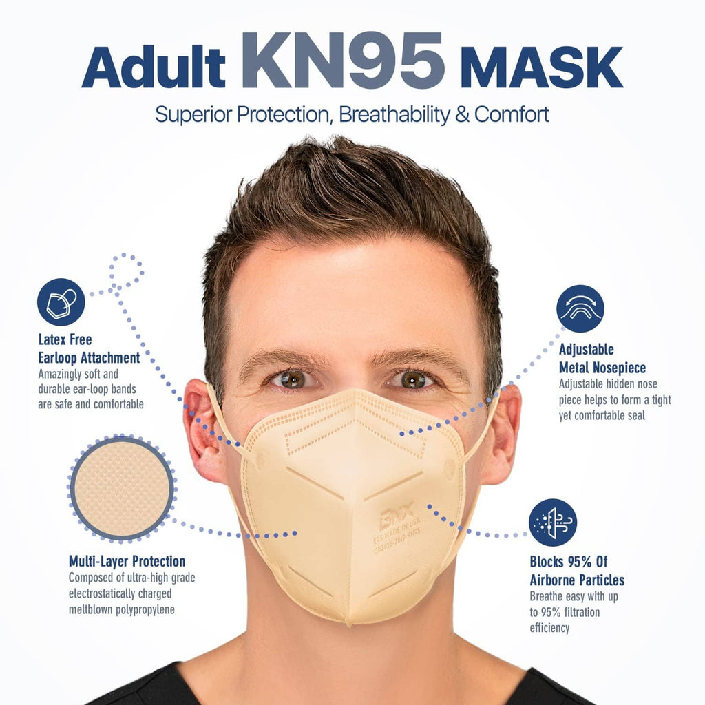 Large adult beige KN95 face mask on man, front view with nose seal and ear loops