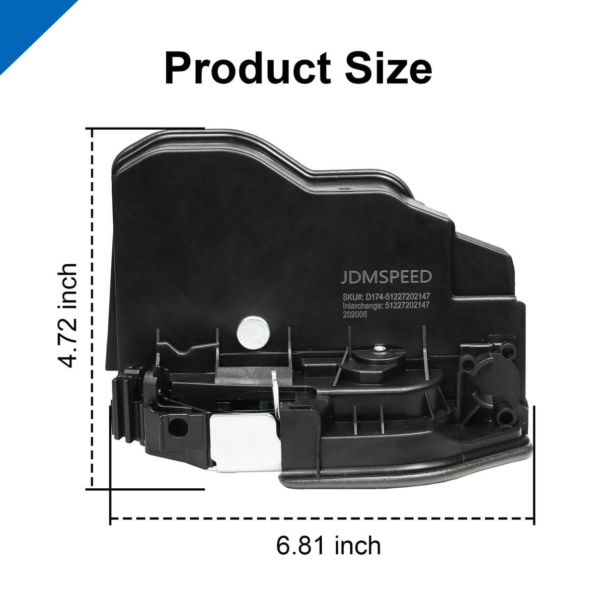 Power door lock latch actuator with size profile view, black housing and metal pin