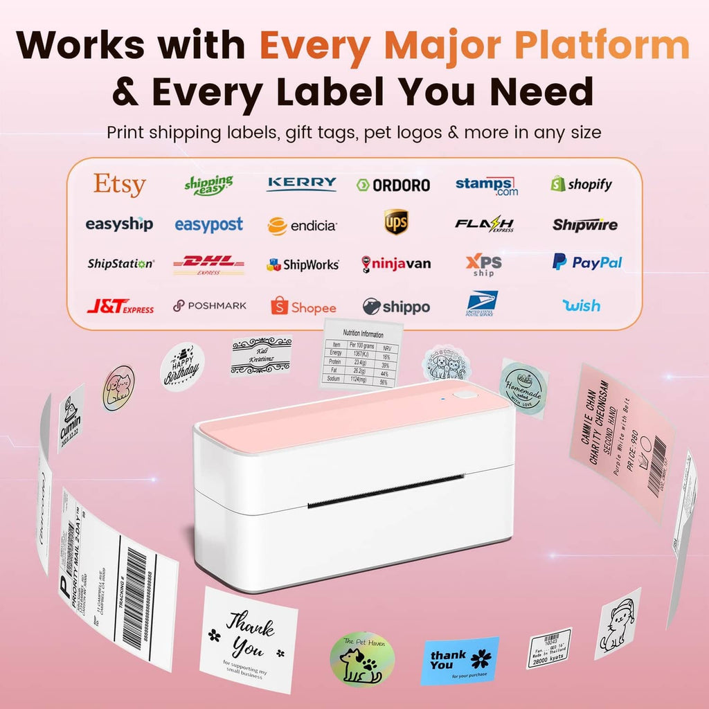 Pink-and-white shipping label printer surrounded by label sheets and stickers