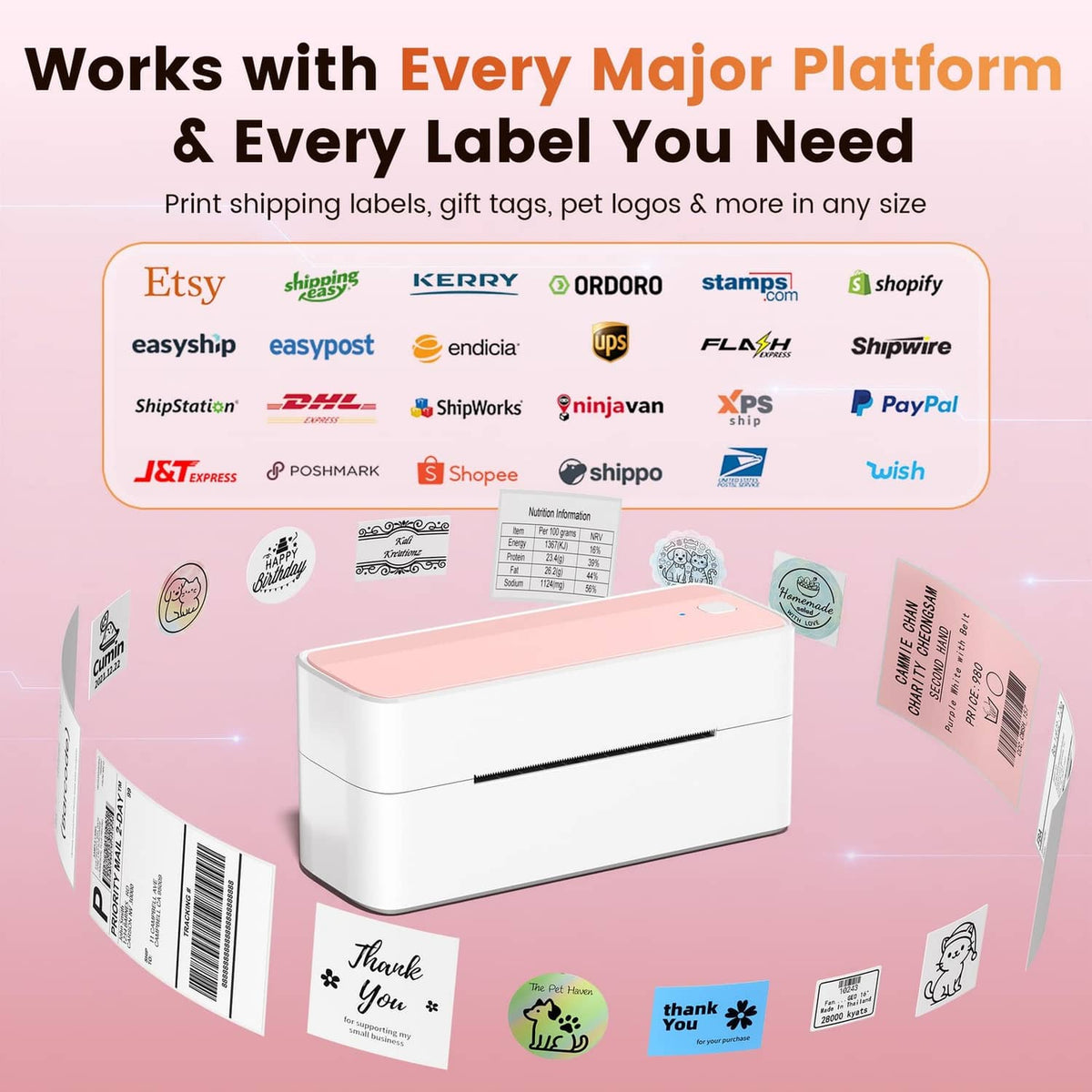 Pink-and-white shipping label printer surrounded by label sheets and stickers