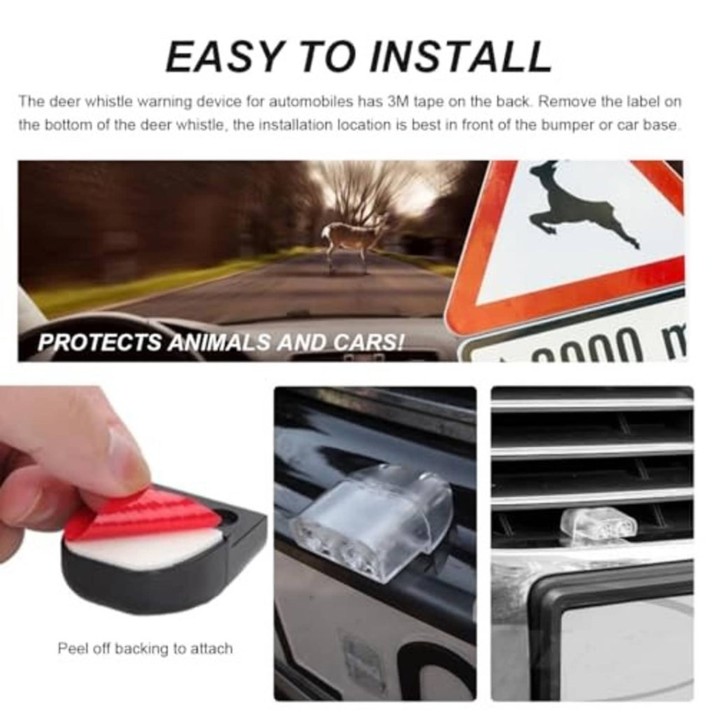 Black deer warning whistle device being installed on a car grille with red backing.
