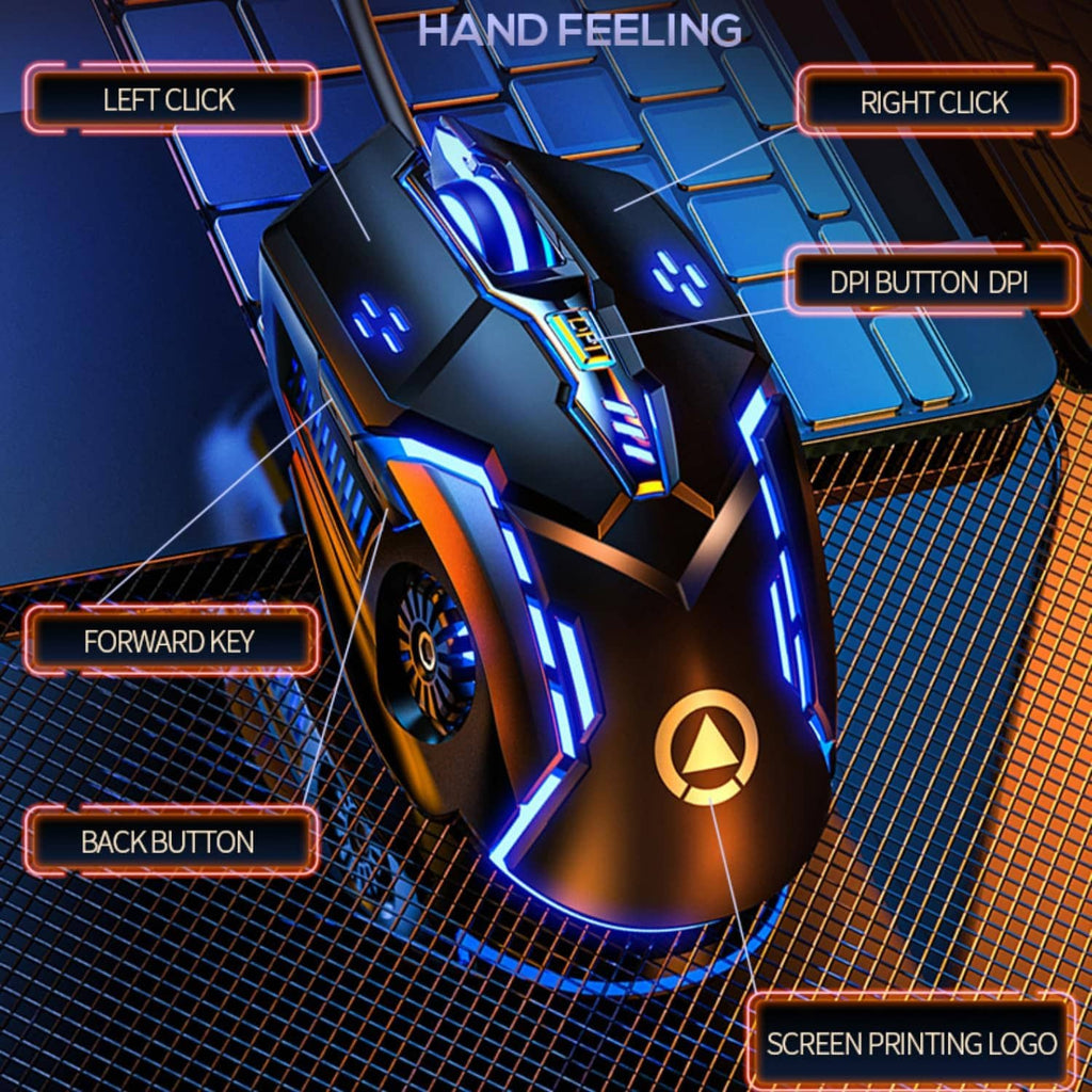 Wired gaming mouse with blue RGB side panels and ergonomic orange center logo