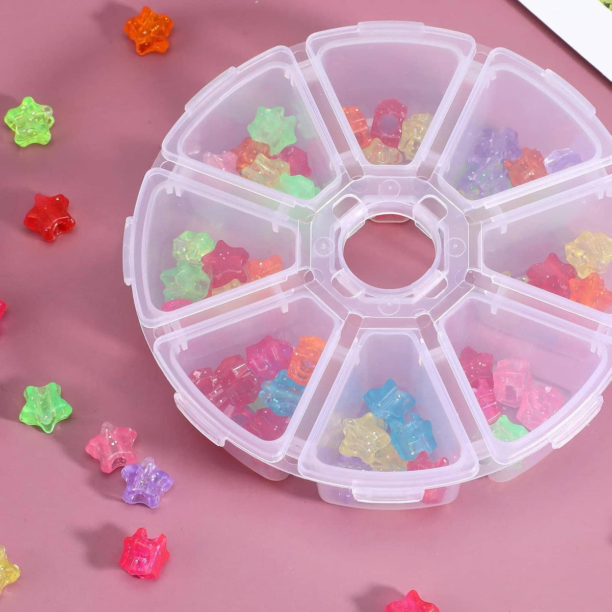 Clear round plastic bead organizer with 8 compartments holding colorful beads