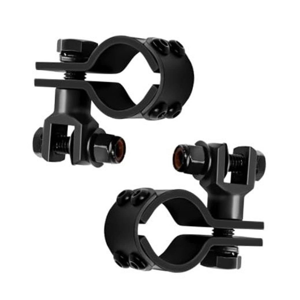 Black engine guard mount bracket with U clamp ring and bolt hardware