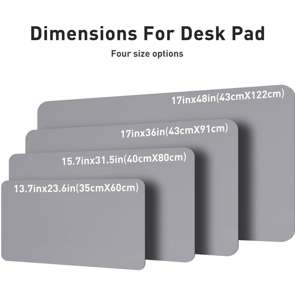 Light grey desk pad protector showing multiple size options for different desks