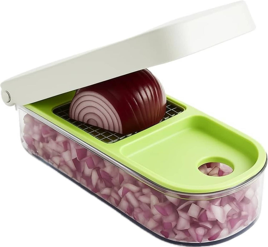 Green and clear vegetable chopper with hinged lid and purple onion pieces inside