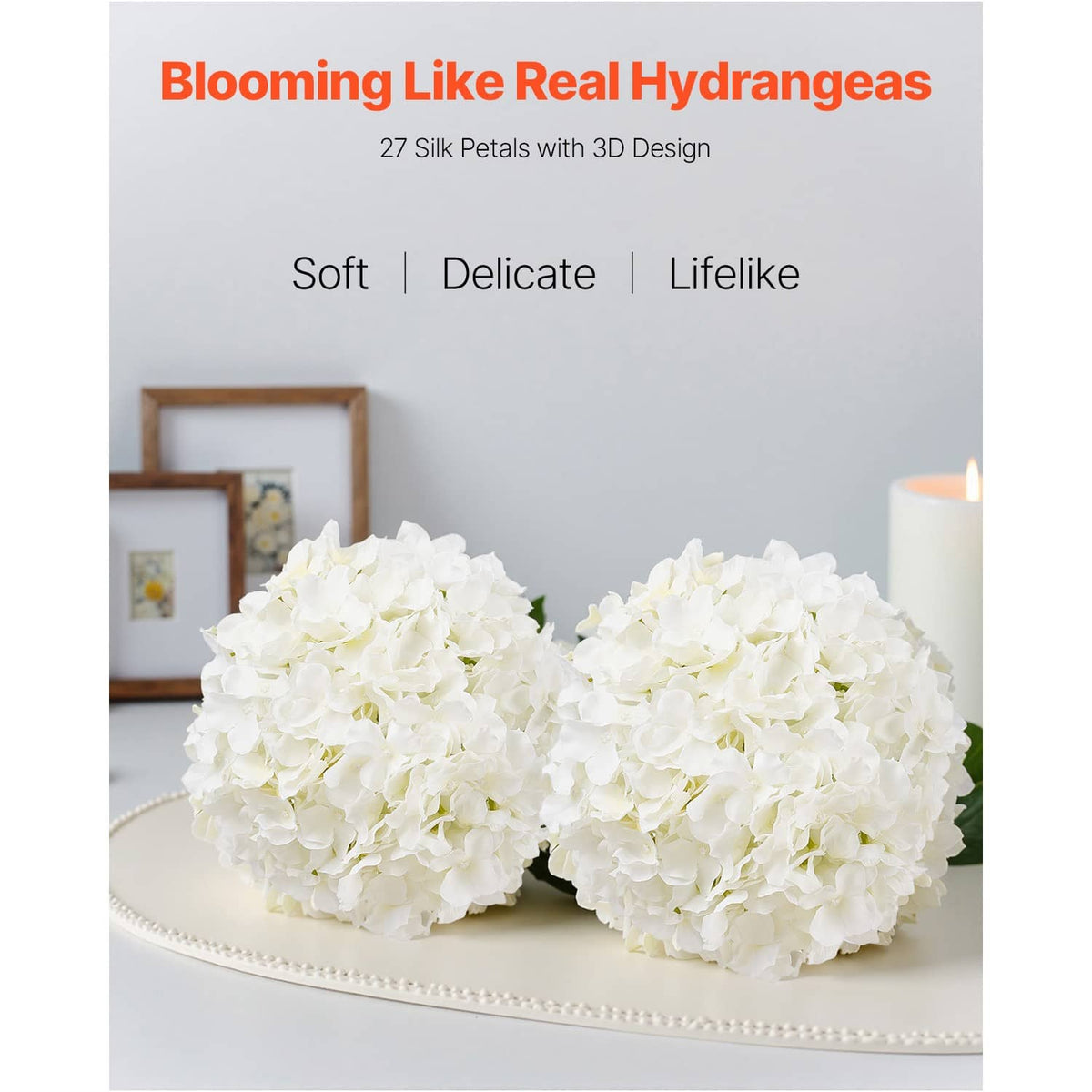White artificial hydrangea flower arrangement with two round blooms on stems