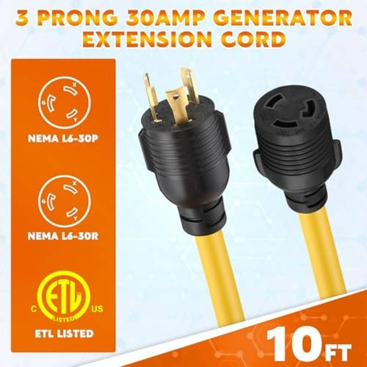 Yellow 10 ft generator extension cord with 3-prong male and twist-lock female plugs