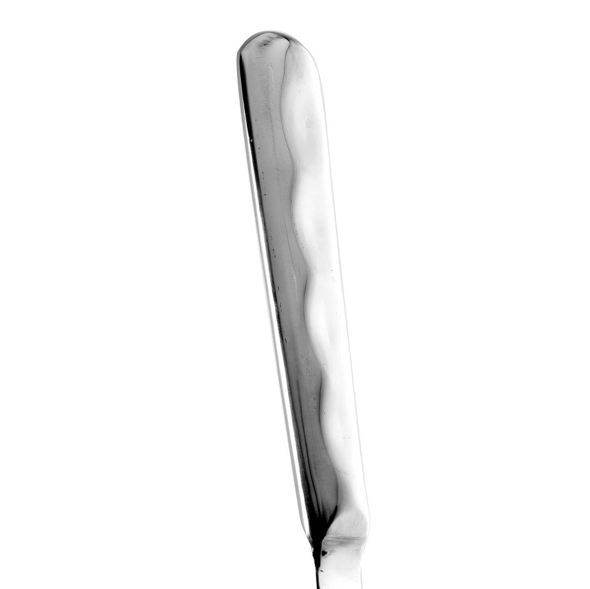 Norpro stainless steel pie/cake spatula, side view of shiny blade and handle
