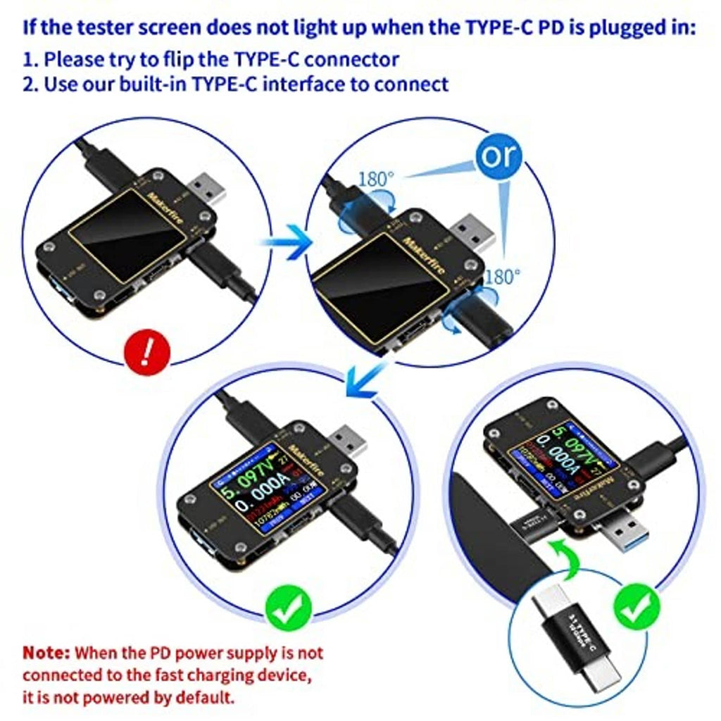 USB tester with Type-C PD plug guidance icons and color LCD reading display