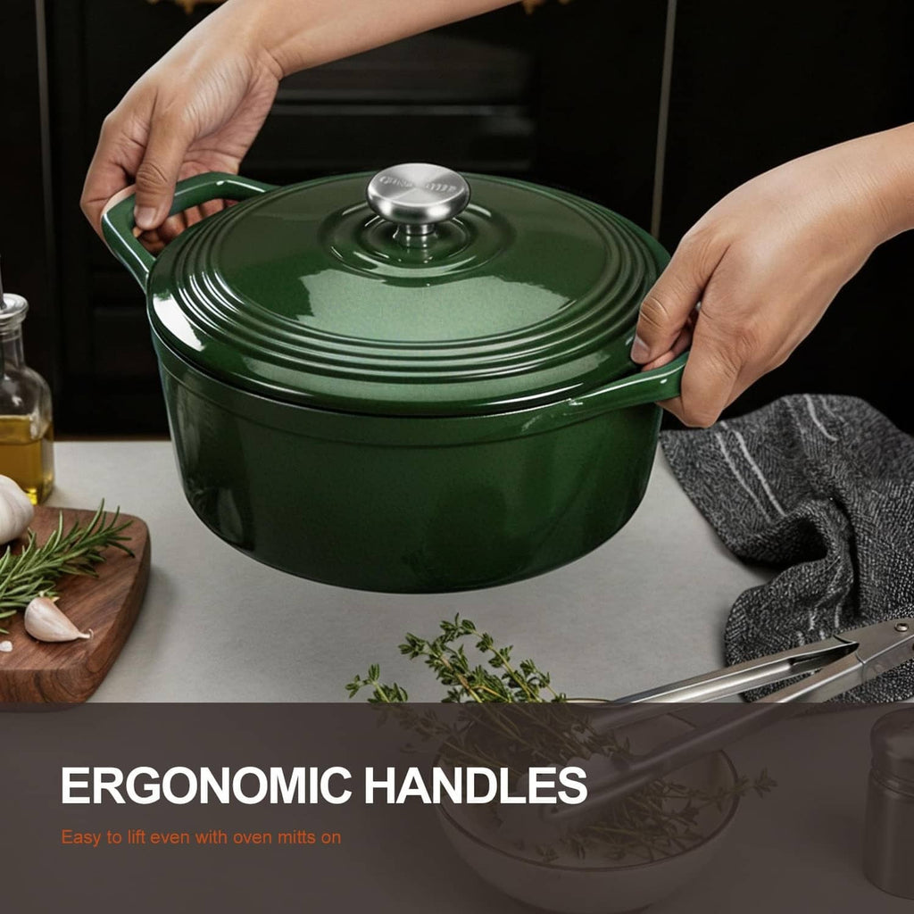 Green enameled cast iron Dutch oven with domed lid and ergonomic side handles