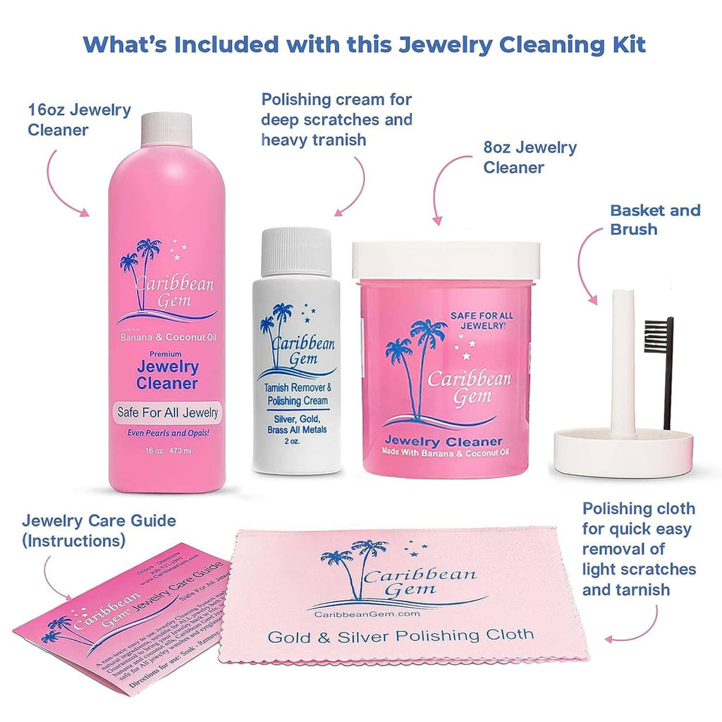 Jewelry cleaning kit contents layout with cleaner bottles, basket brush, polishing cloth