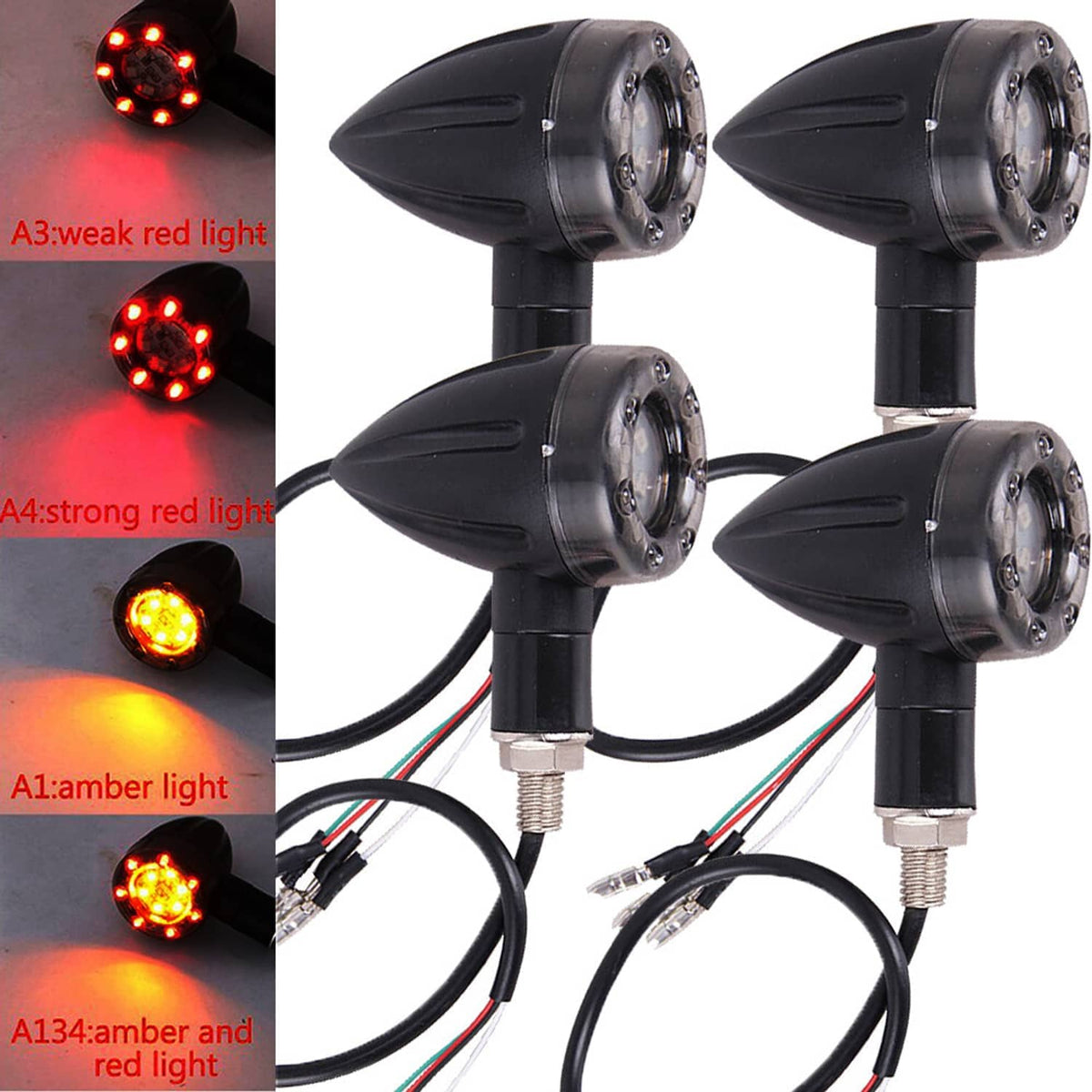 Set of black LED turn signal lights showing red and amber illumination with different brightness