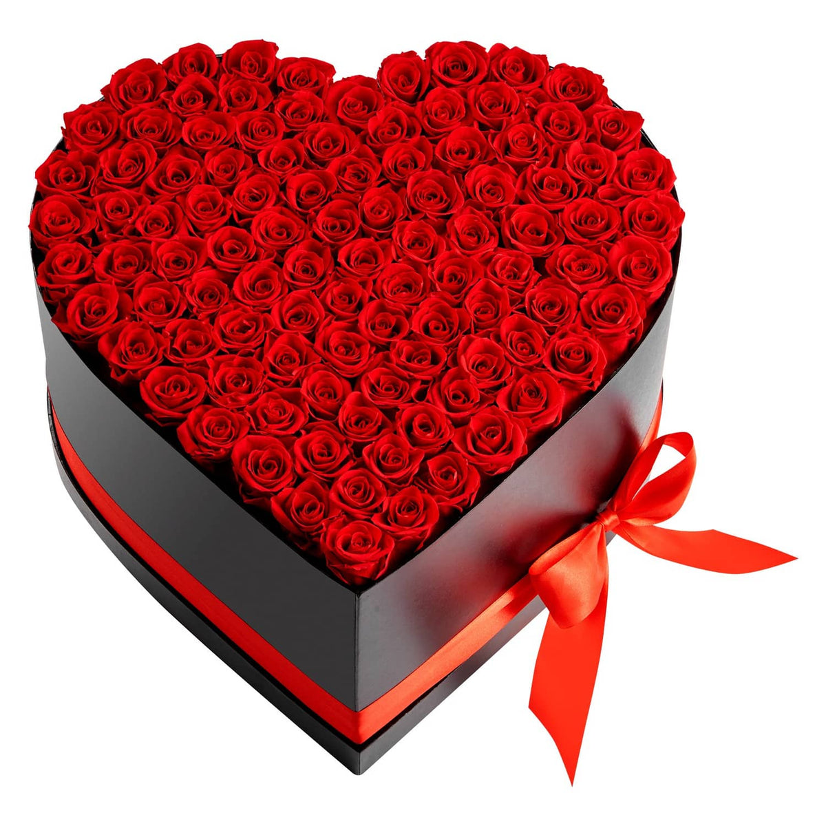 Heart-shaped black rose gift box with red preserved roses and orange-red ribbon bow