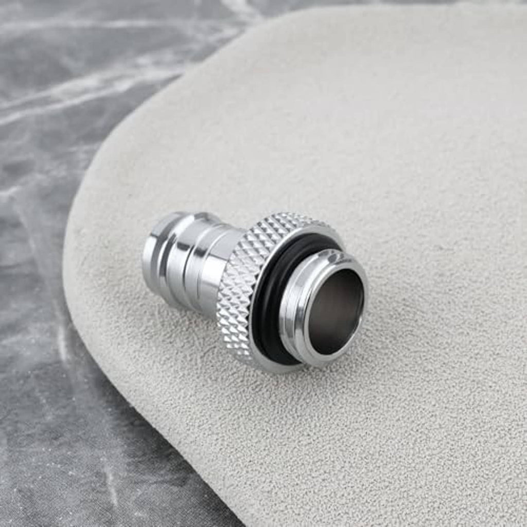 Silver hose barb connector with textured knurl grip and black O-ring at the inner opening