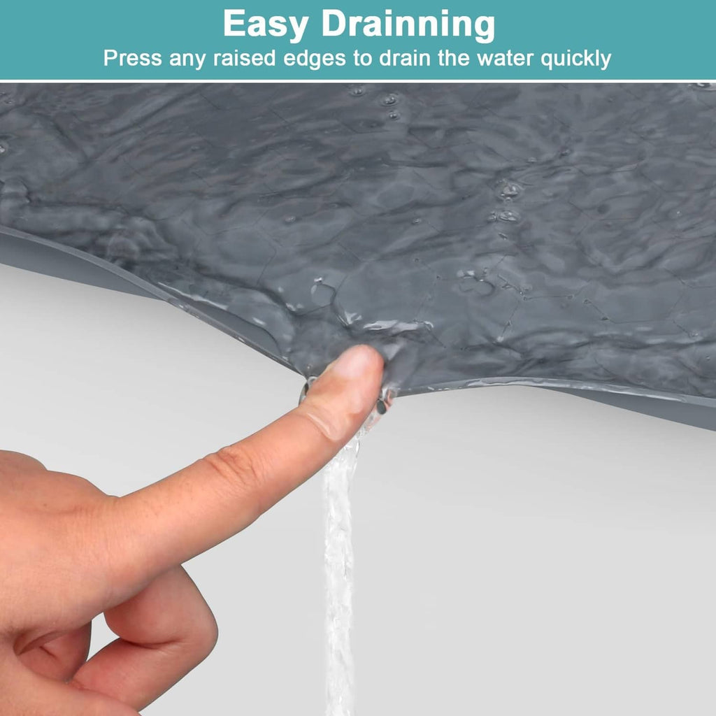 Gray silicone under-sink mat with raised edges for quick draining of water