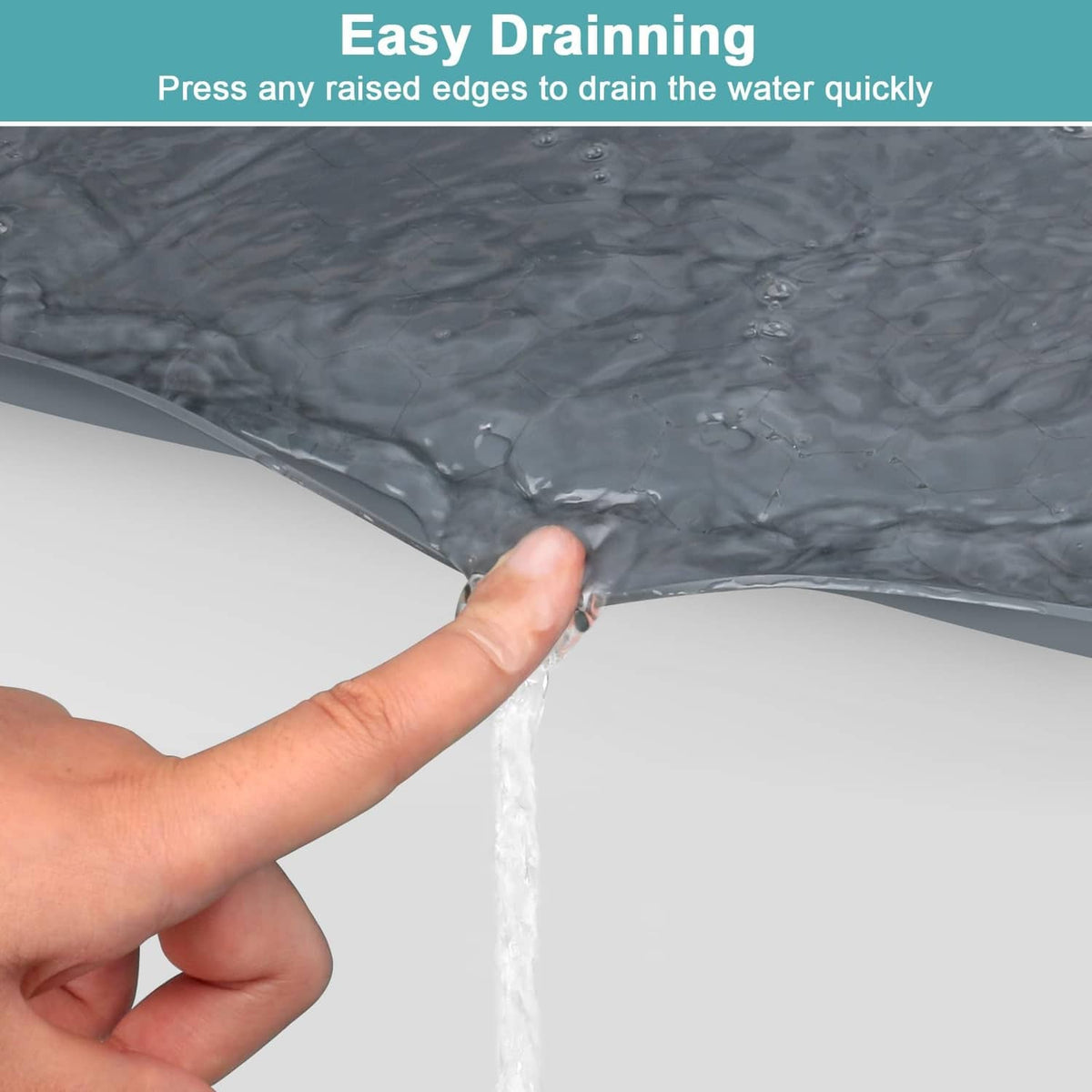 Gray silicone under-sink mat with raised edges for quick draining of water
