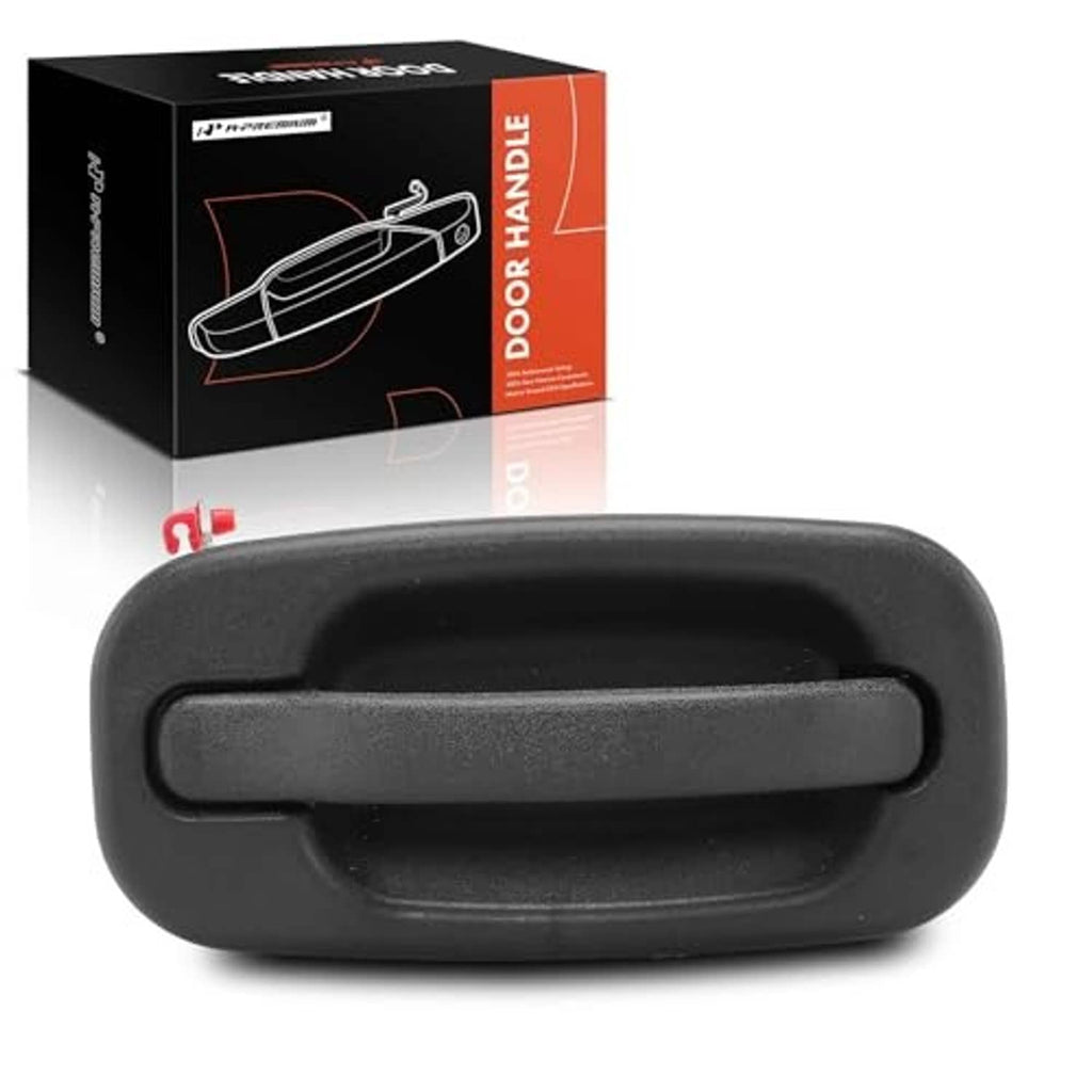 Textured black exterior door handle with curved grip