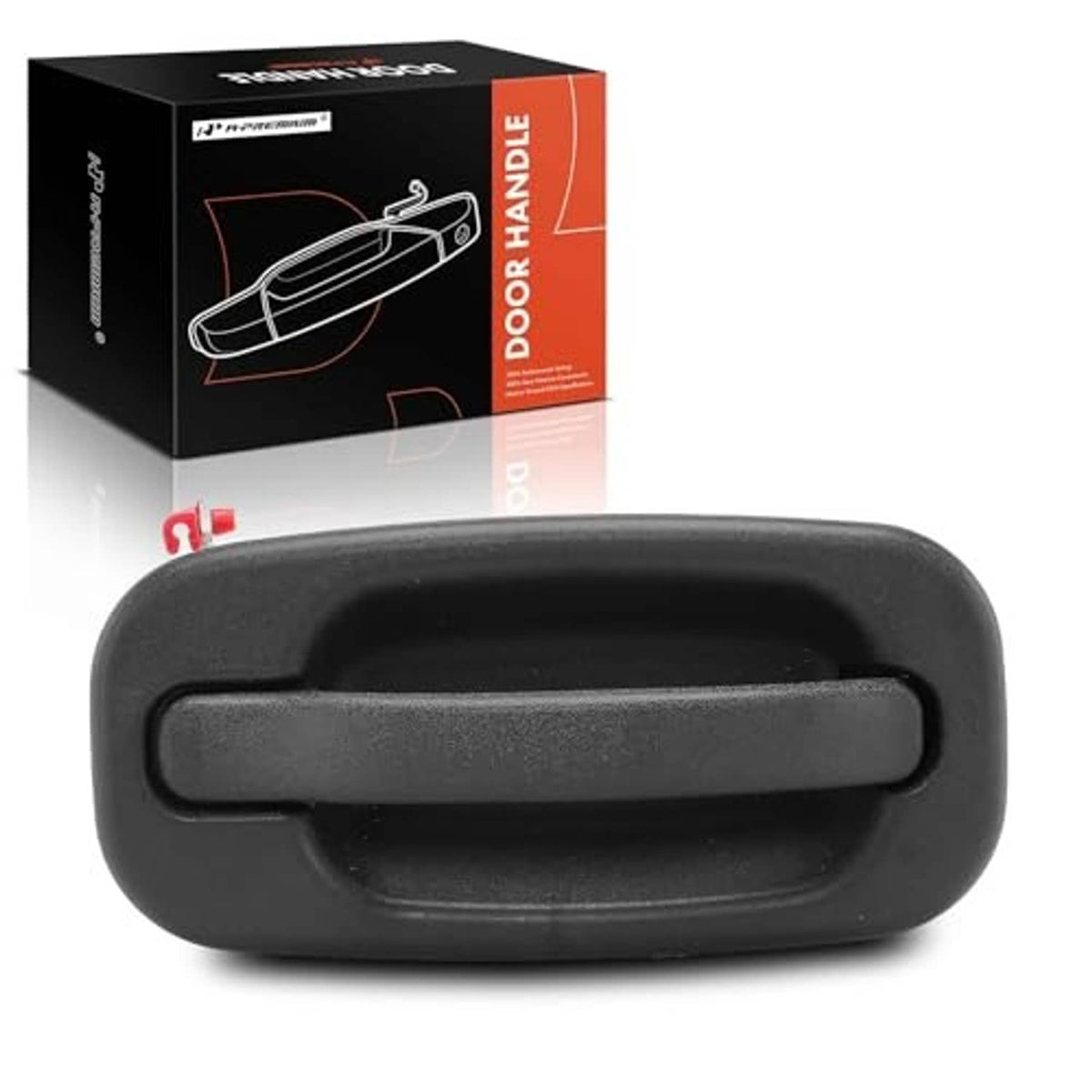 Textured black exterior door handle with curved grip