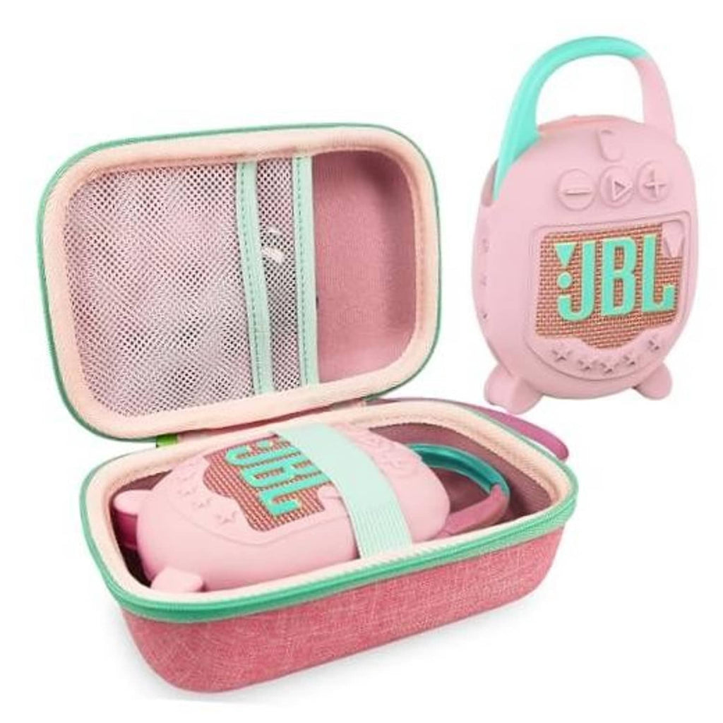 Pink silicone speaker cover with hard zip carrying case, mint trim, open view