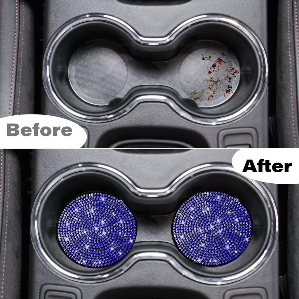Pair of blue rhinestone cup holder coasters fitted in a car console