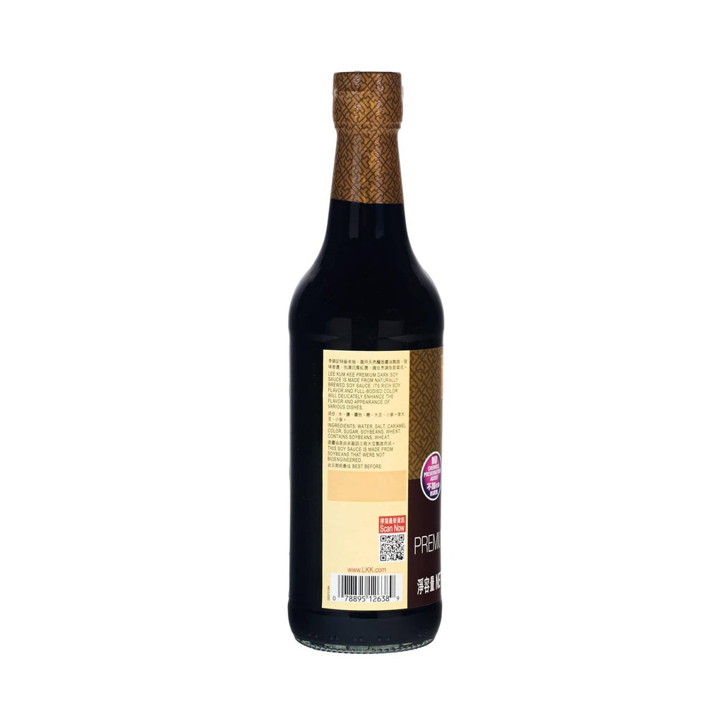 Lee Kum Kee premium dark soy sauce bottle with ingredient and barcode labels