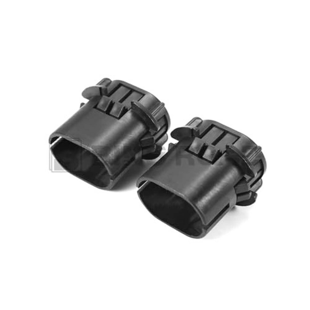 Pair of black radiator mount bracket sleeves with connector tabs, side view