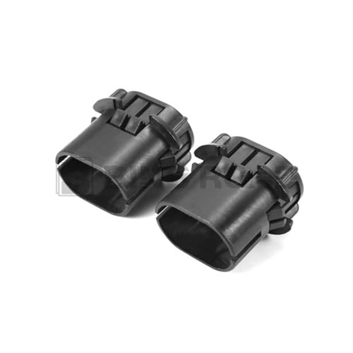 Pair of black radiator mount bracket sleeves with connector tabs, side view