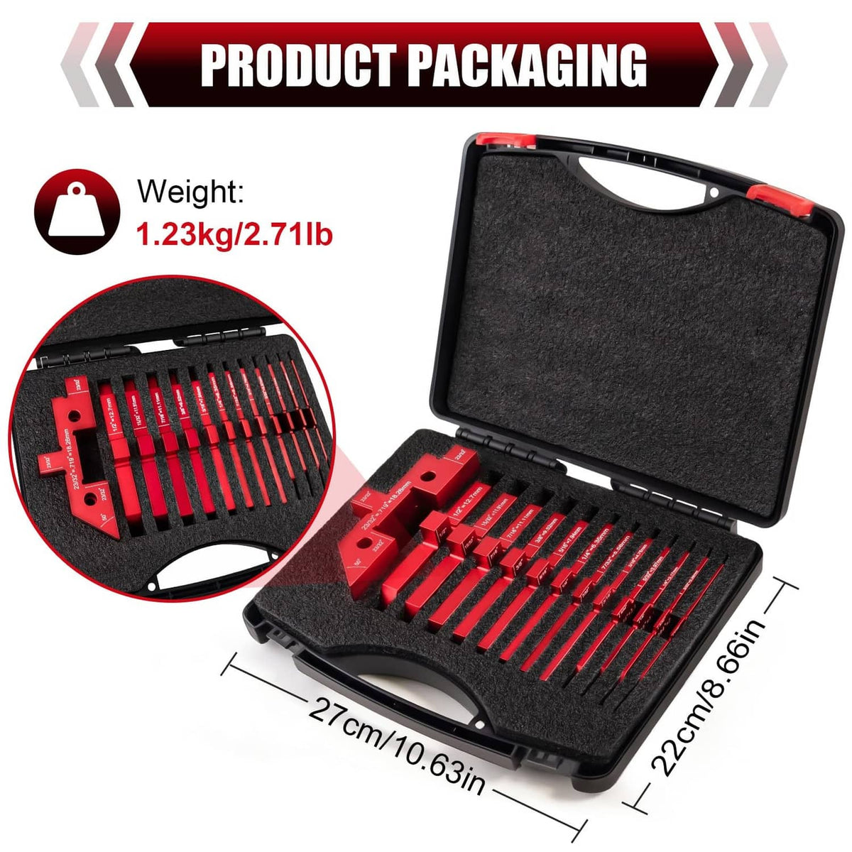 Woodworking setup block kit in black case with red aluminum blocks and storage foam