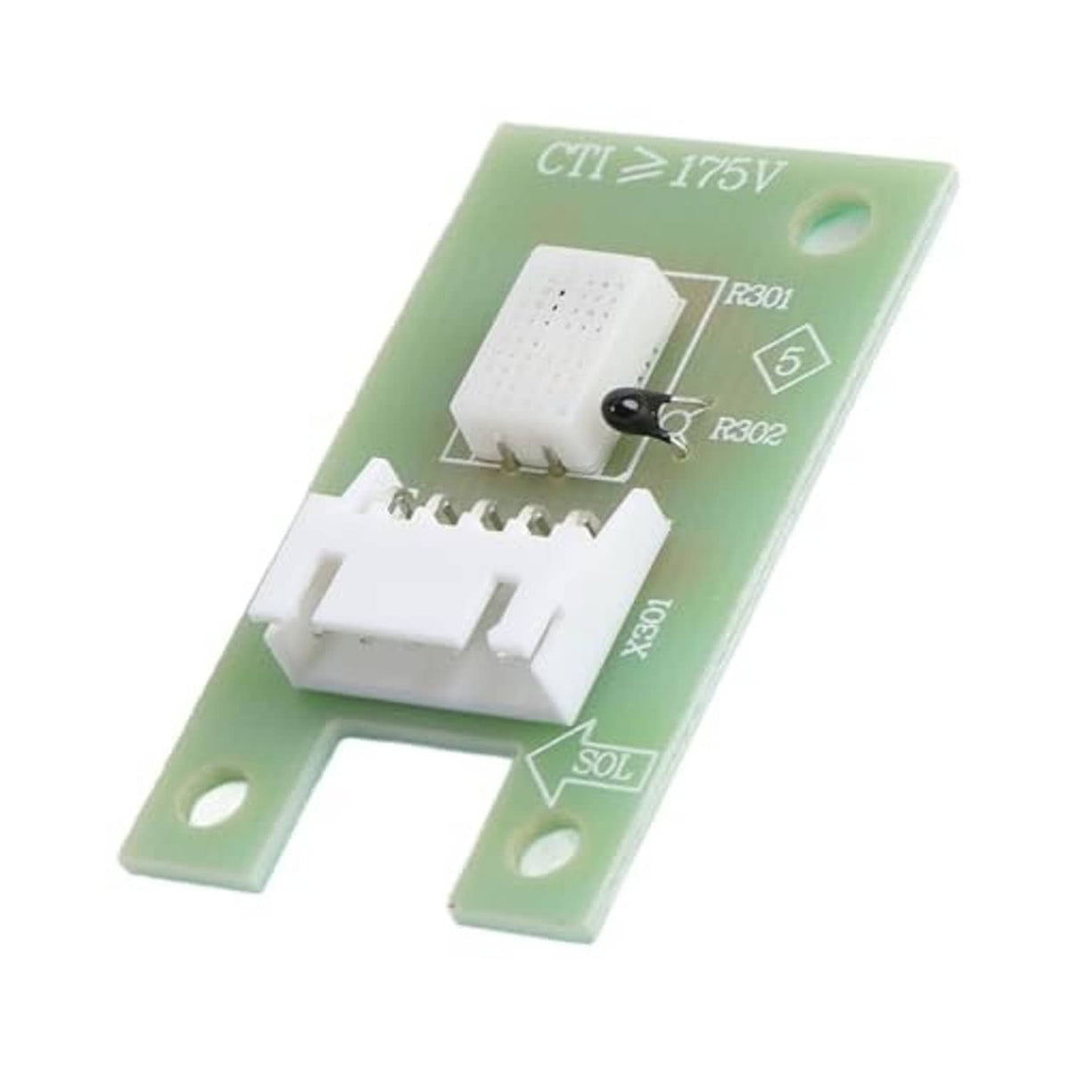 Green dehumidifier humidity sensor PCB with white connector block and black sensor