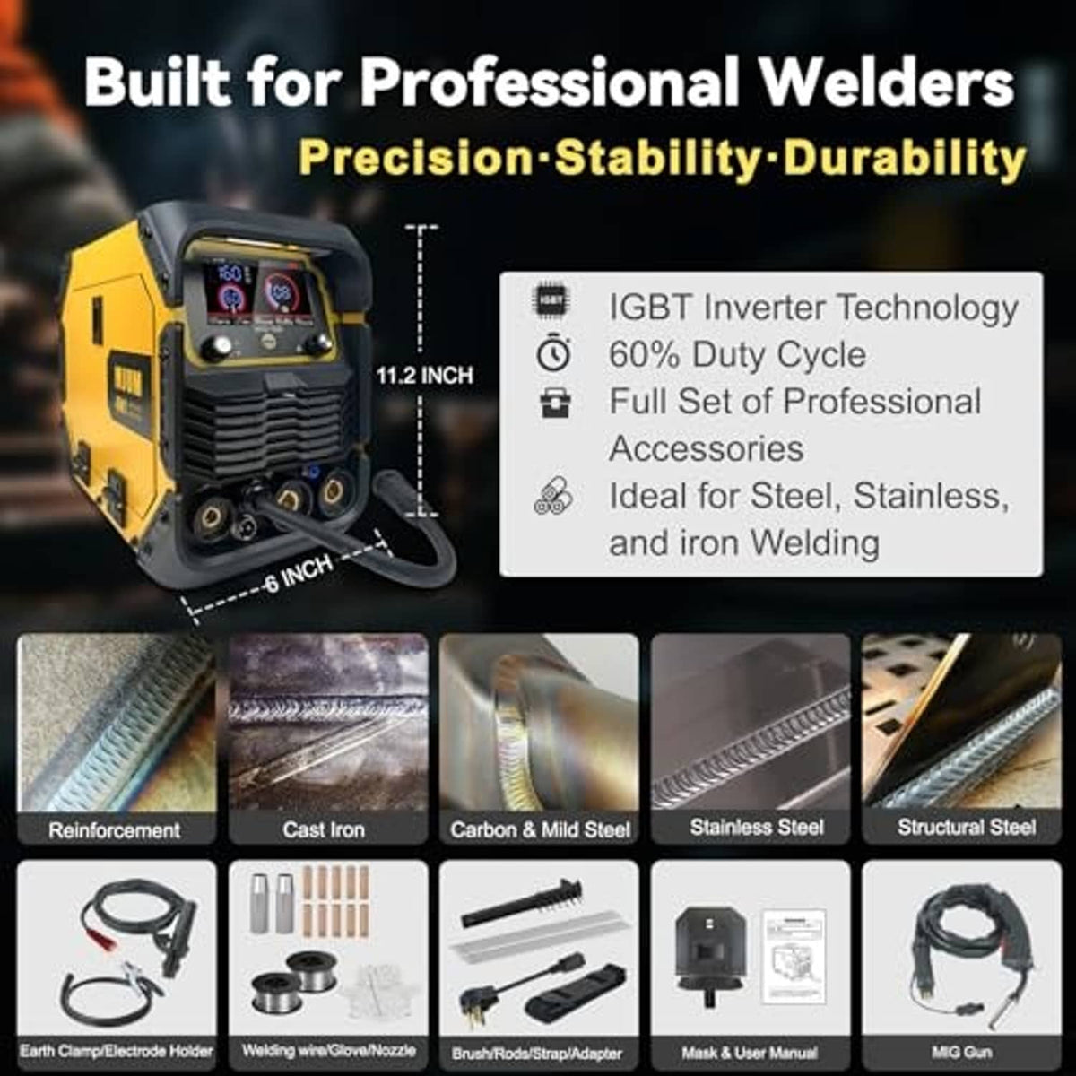 Yellow welding machine with front panel and labels for IGBT inverter and 60% duty cycle