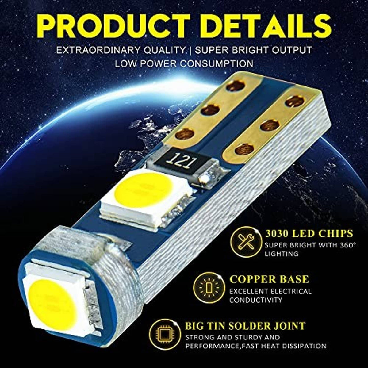 Close-up T5 LED bulb with yellow LED chip on blue PCB and silver housing