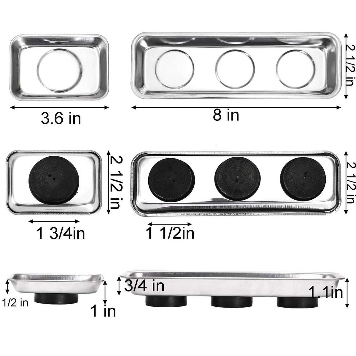 Stainless steel magnetic parts trays with circular wells and black rubber bases