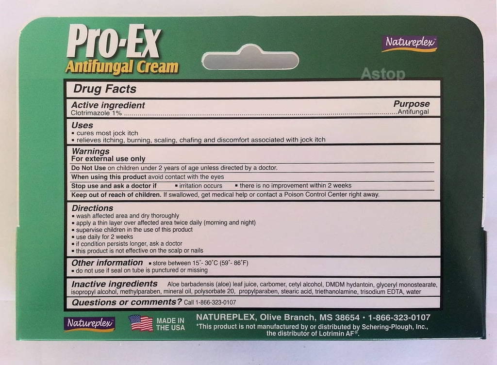 Pro-Ex antifungal cream box back with Drug Facts and active ingredient label