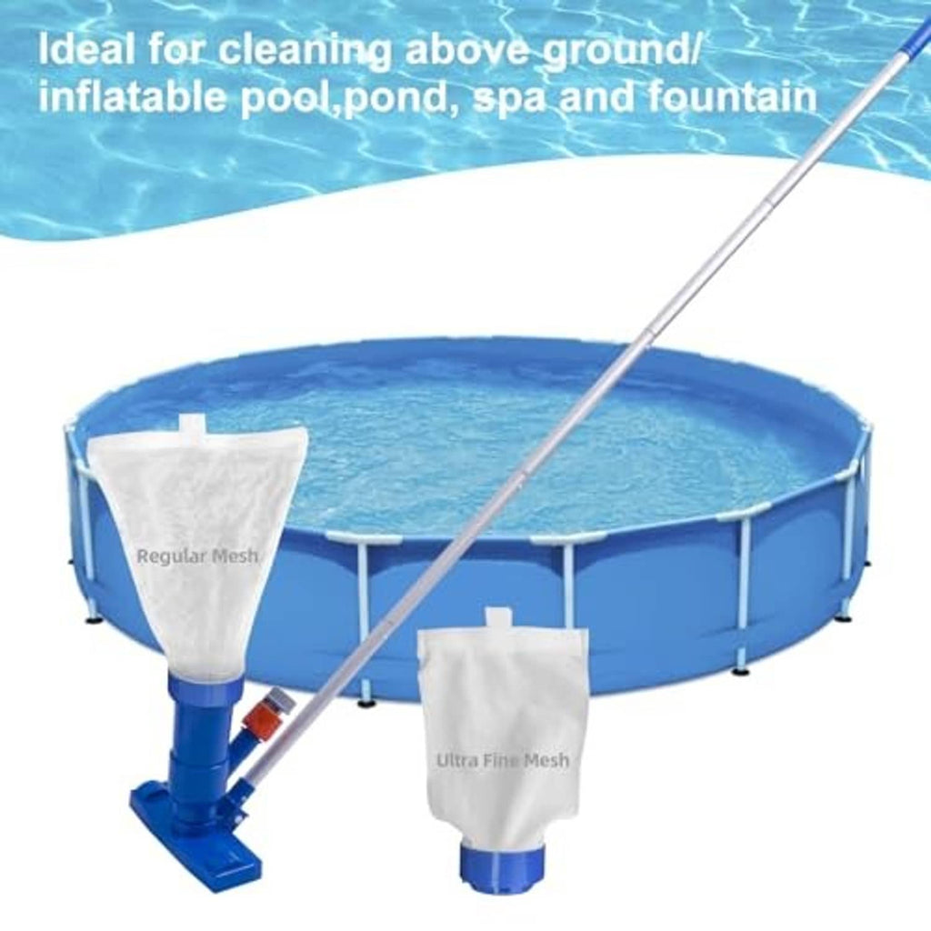 Pool vacuum cleaner with long brush pole and blue base, plus two mesh collection bags