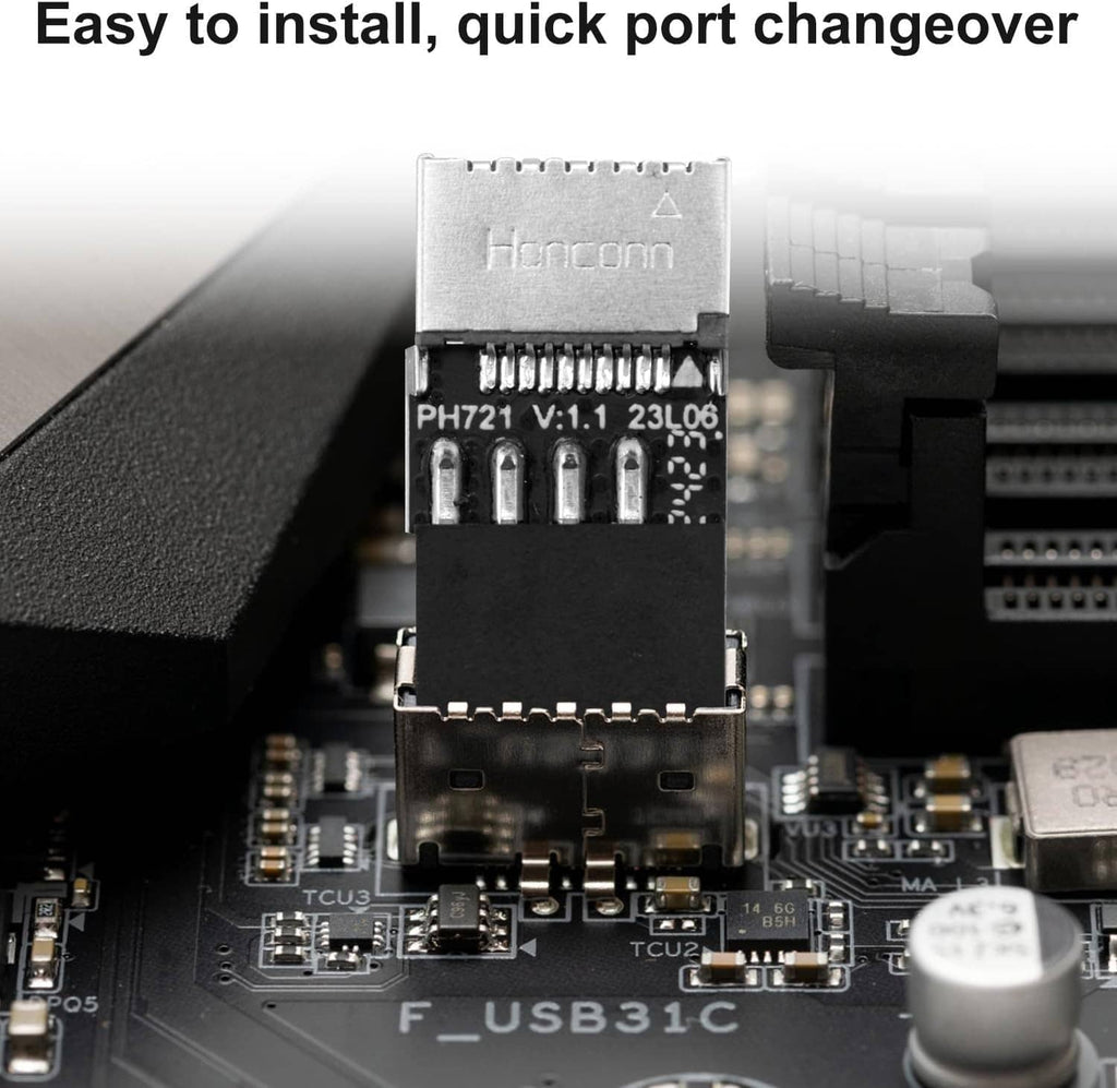 USB header adapter mounted on motherboard PCB, metal connector with black side shroud