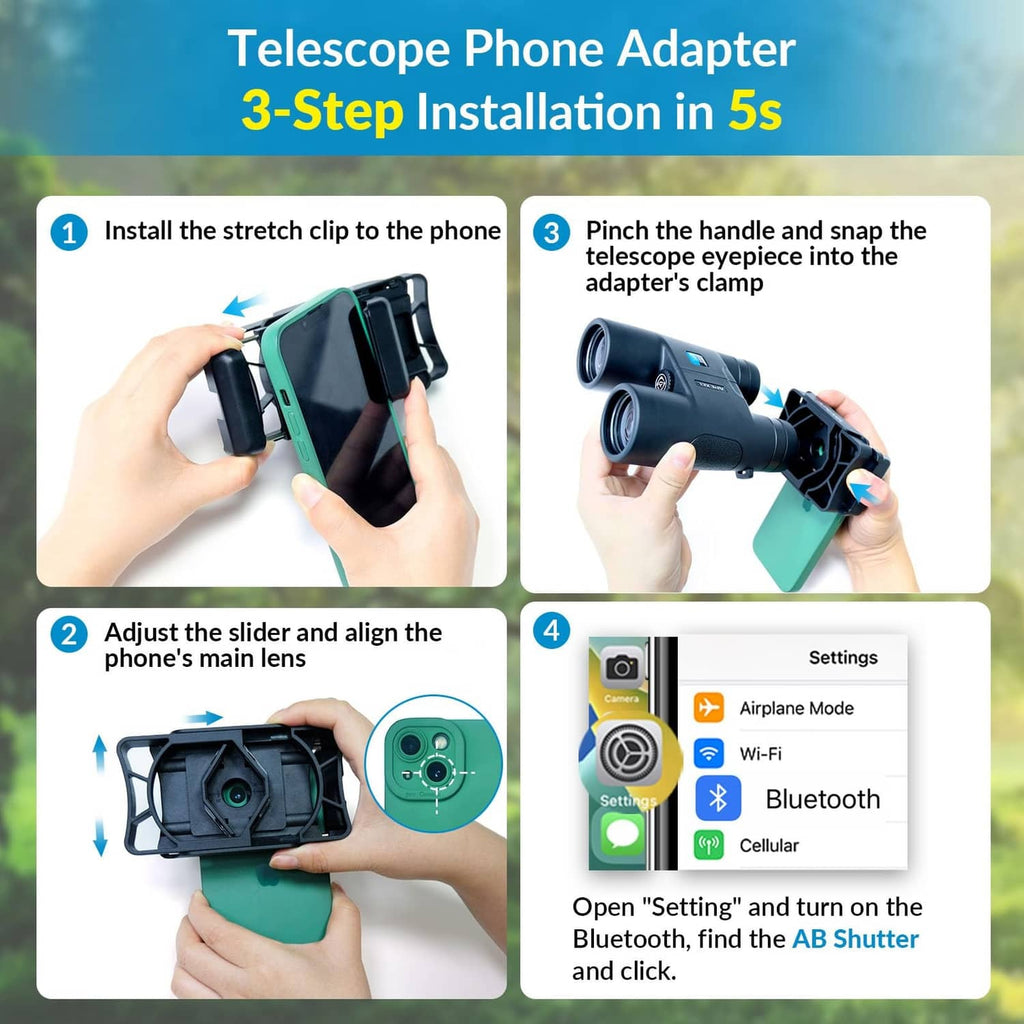 Telescope phone adapter clamp in black with slider guide, shown with phone