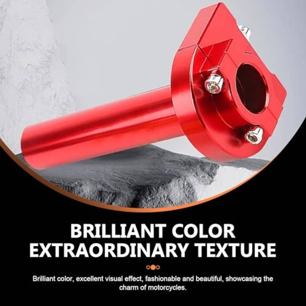 Red motorcycle throttle handle with flared clamp ring and three bolt heads
