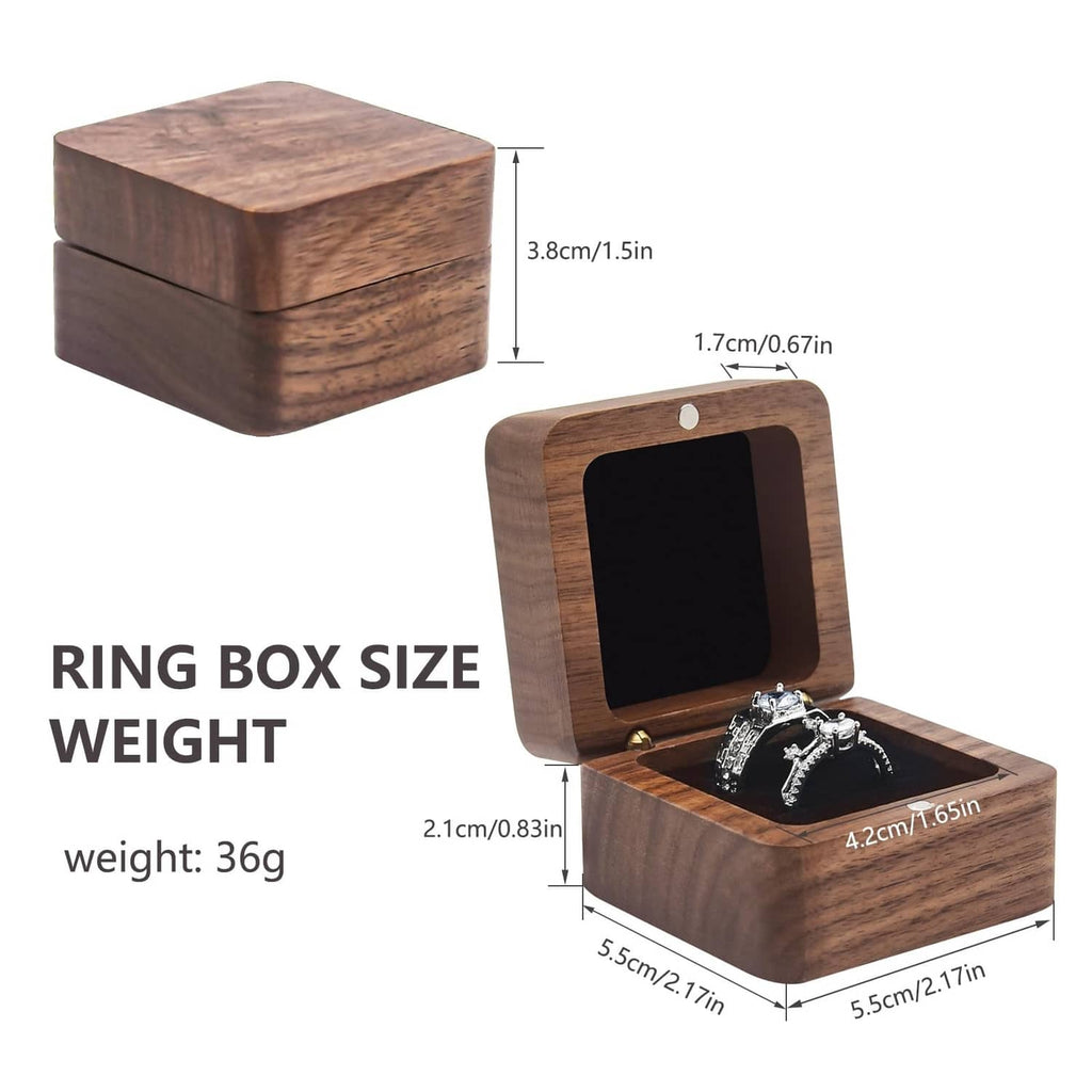 Dark wood ring box with hinged lid closed and open view, showing black velvet slot