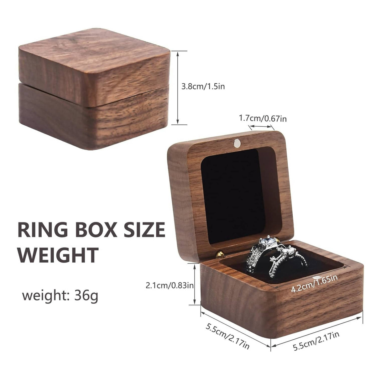 Dark wood ring box with hinged lid closed and open view, showing black velvet slot