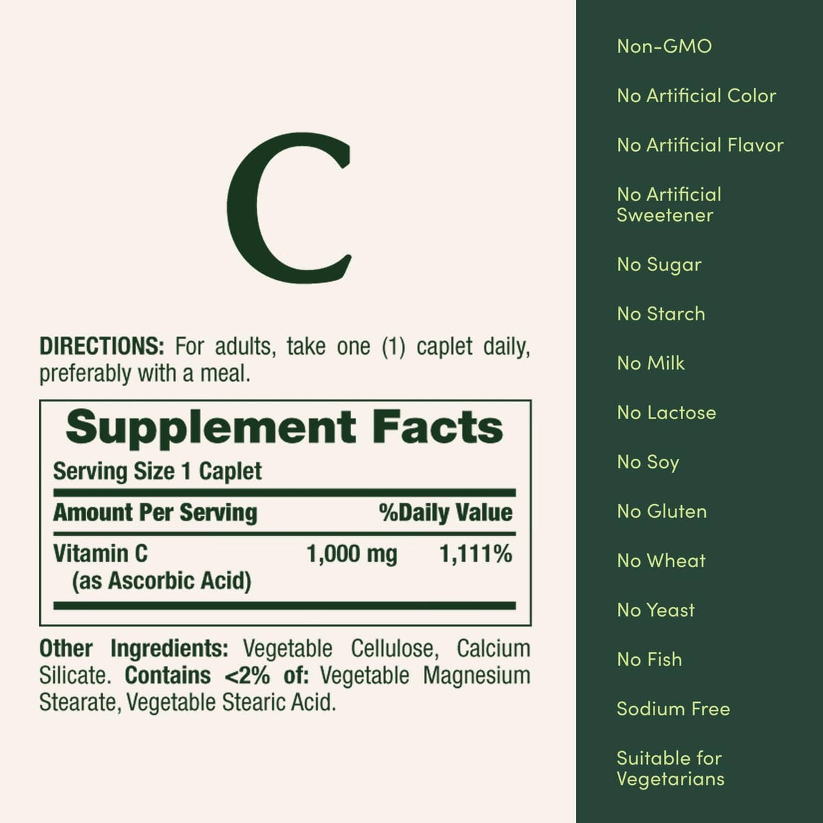 Supplement Facts label: Vitamin C 1,000 mg per caplet