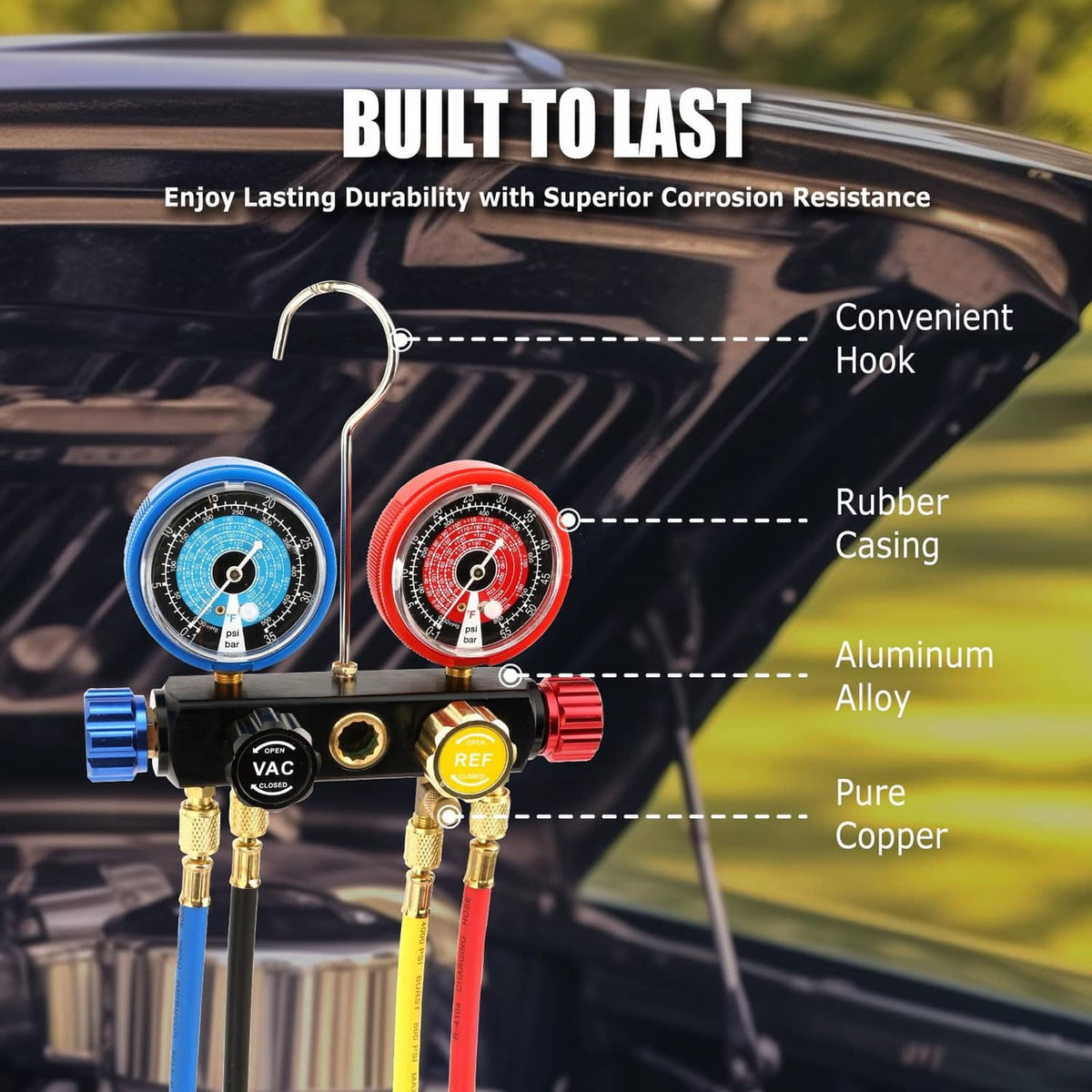 AC manifold gauge set with blue and red gauges, copper manifold, and rubber-cased dials