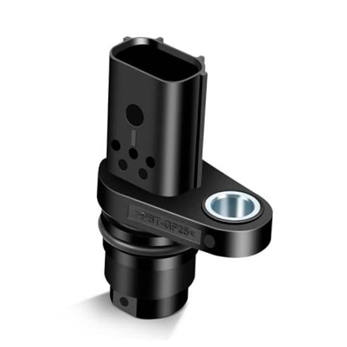 Black camshaft position sensor with silver mounting ring and 3-pin connector