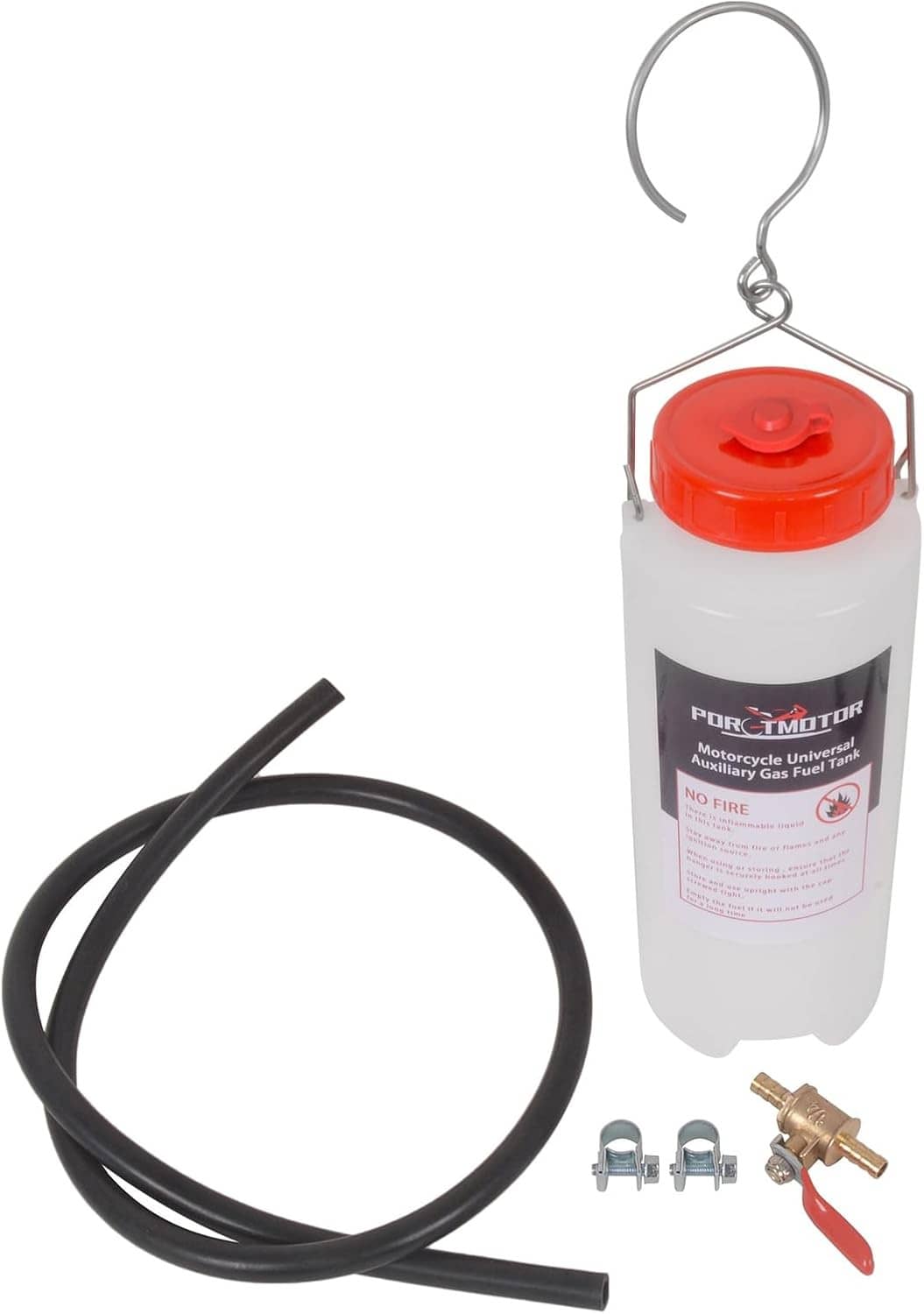 Ventilated 1L auxiliary fuel tank with red cap, hanging loop, and black hose