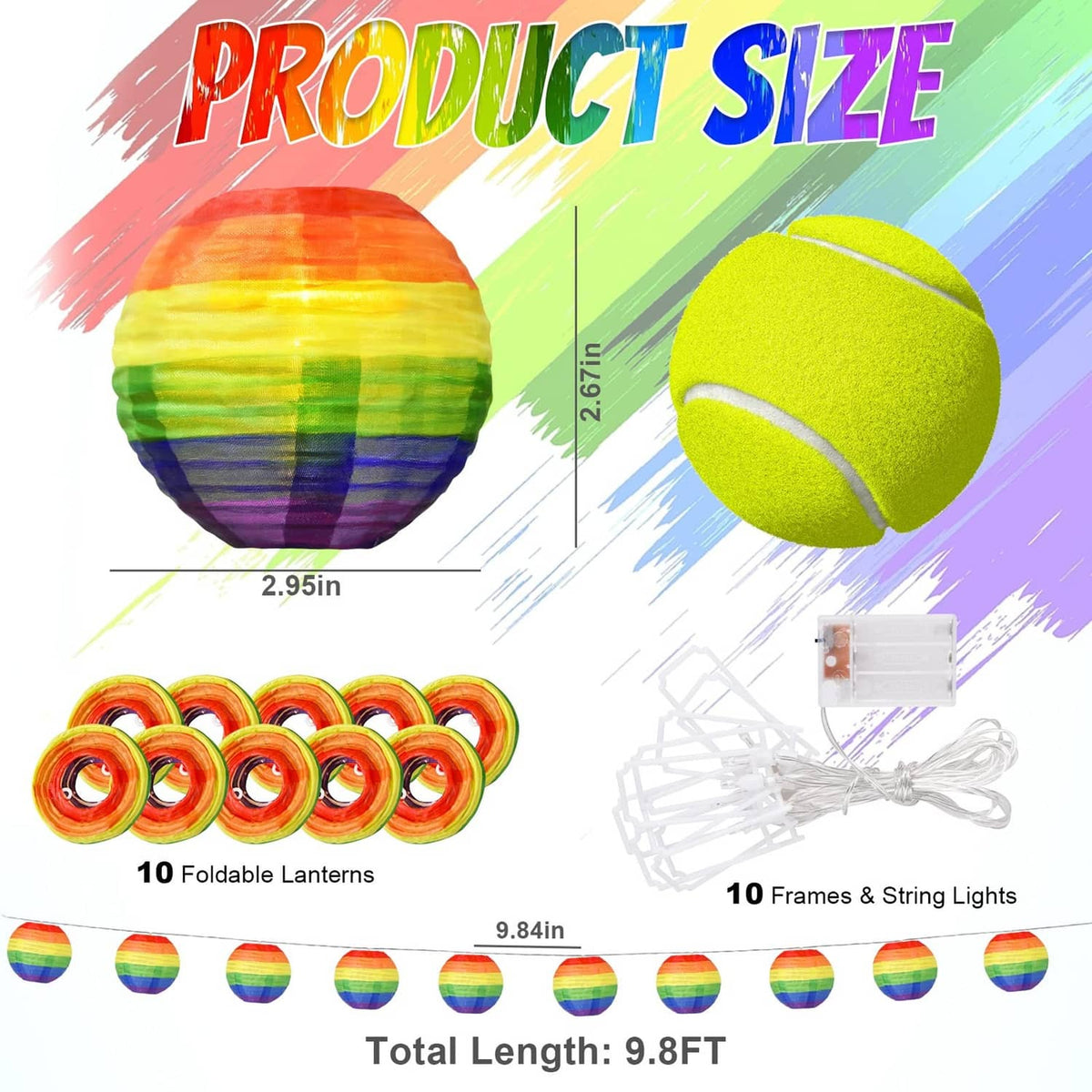 Rainbow Pride lantern set with folded nylon globes and hanging string lights