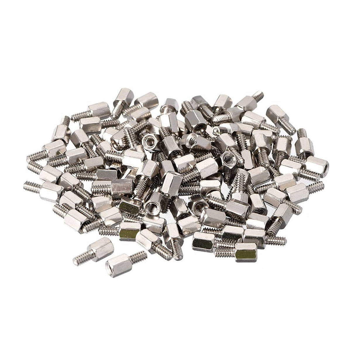 Silver-tone hex standoff spacers with threaded posts, mixed pack of metal pieces