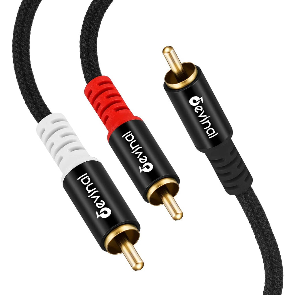 RCA Y-splitter cable with black male plug and dual gold-plated RCA outputs